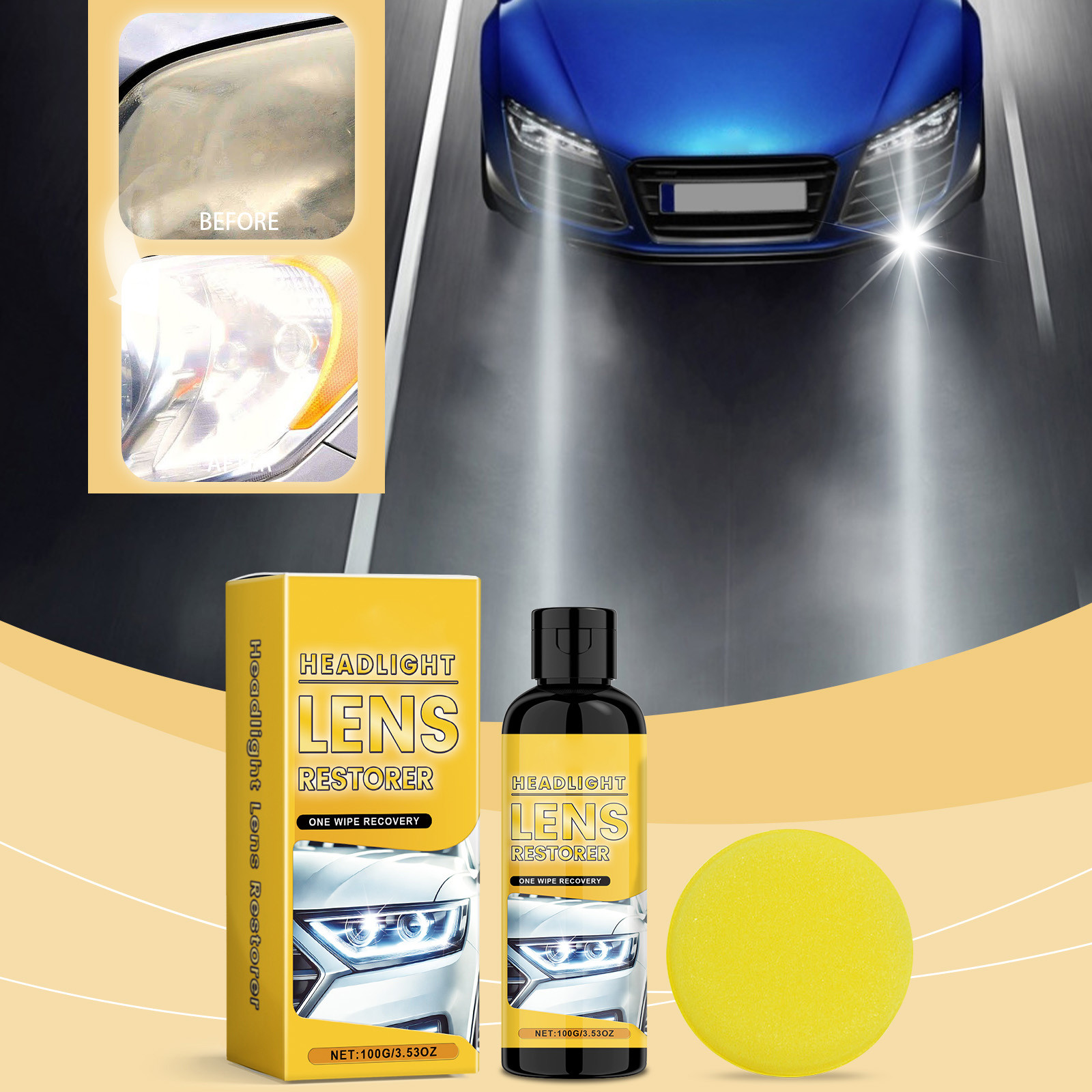 Car Headlight Restoration Kit: Scratch Polish \u0026 Sponge, No Sanding, Yellowing Repair, Auto Detailing Cleaner Fluid. Restores Clarity \u0026 Visibility.